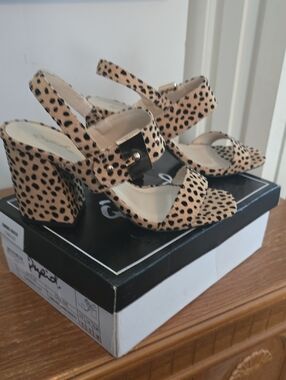 Qupid Tan and Black Cheetah Block Heel Sandals